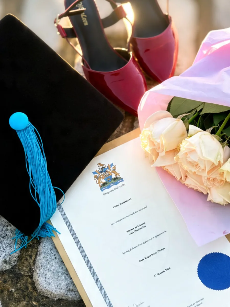 A graduation cap, red heels, roses and Vibha’s Master of Science certificate with Distinction.
