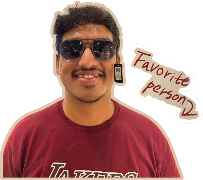 Vibha’s brother in sunglasses and a maroon T-shirt, with a hand-written label reading: favourite person.