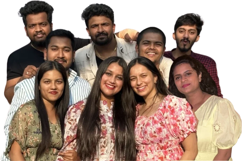 Nine friends standing close together, smiling at the camera.