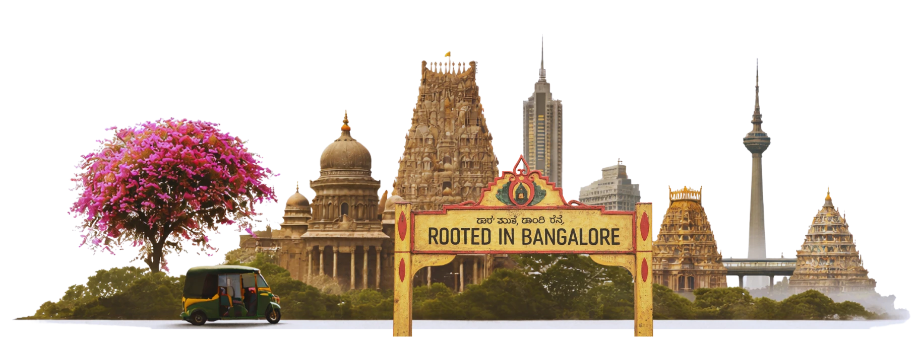 Bengaluru skyline with a sign reading Rooted in Bangalore.