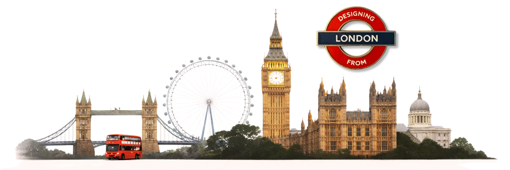 London skyline with a roundel reading Designing from London.