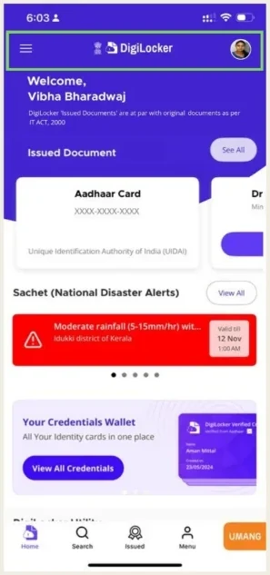 The redesigned DigiLocker home screen with a clear top bar.