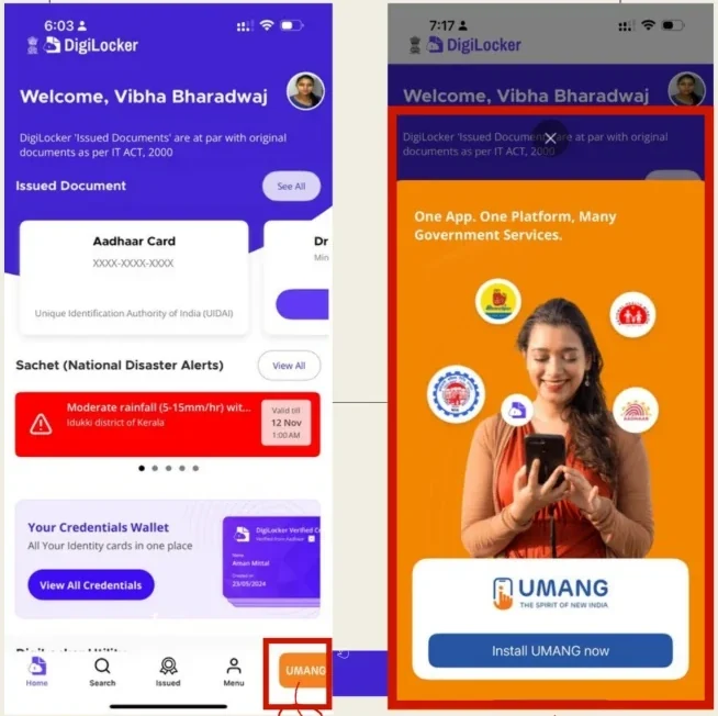 Existing design: the UMANG tab in the bottom bar opens a full-screen install prompt