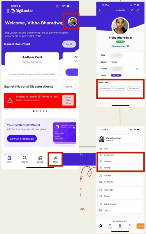 Existing design: the profile screen and the menu screen both list My Account and Nominee