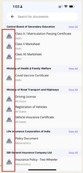 Existing design: a search list where every row has an identical icon, beside a redesign with a distinct coloured icon per document type.