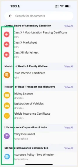 Redesign: a search list where every row has an identical icon, beside a redesign with a distinct coloured icon per document type.