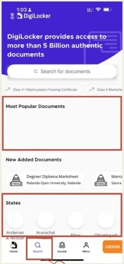 Existing design: a search screen with blank sections outlined in red, beside a redesign showing real document cards and state icons.