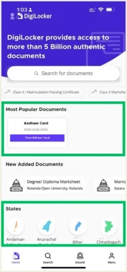 Redesign: a search screen with blank sections outlined in red, beside a redesign showing real document cards and state icons.