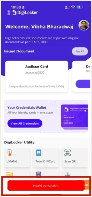 Existing design: a red banner reading Invalid transaction, beside a redesigned message that names the failure and suggests trying again.