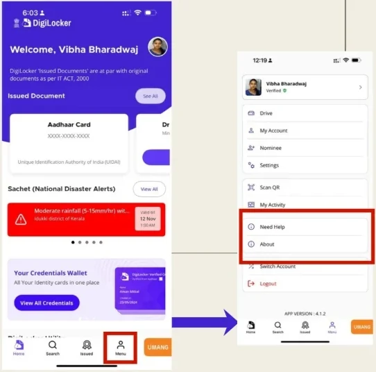 Existing design: the menu with Need Help far down the list, beside a redesign with a floating help button on the home screen.