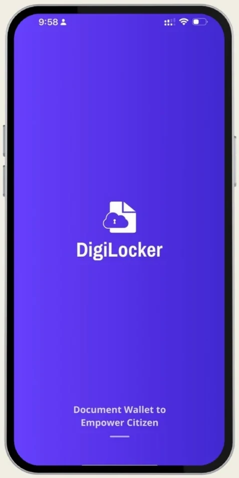 A phone showing the DigiLocker splash screen: Document Wallet to Empower Citizen.