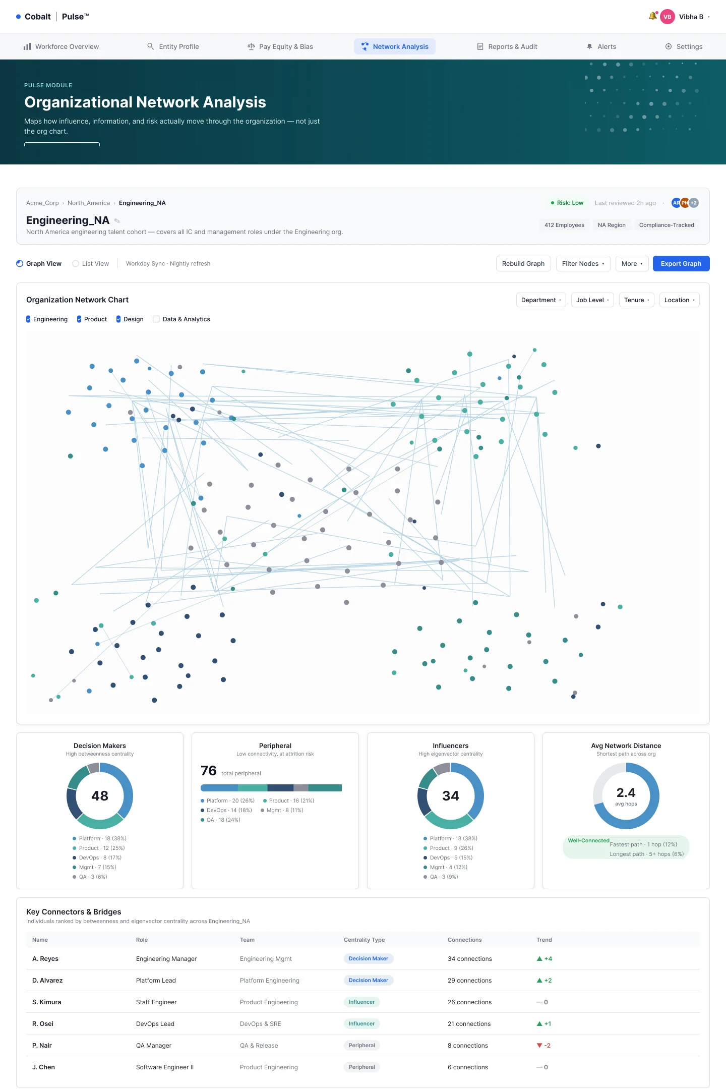 Pulse organisational network analysis: a network chart of people and connections with summary rings and a table of key connectors.