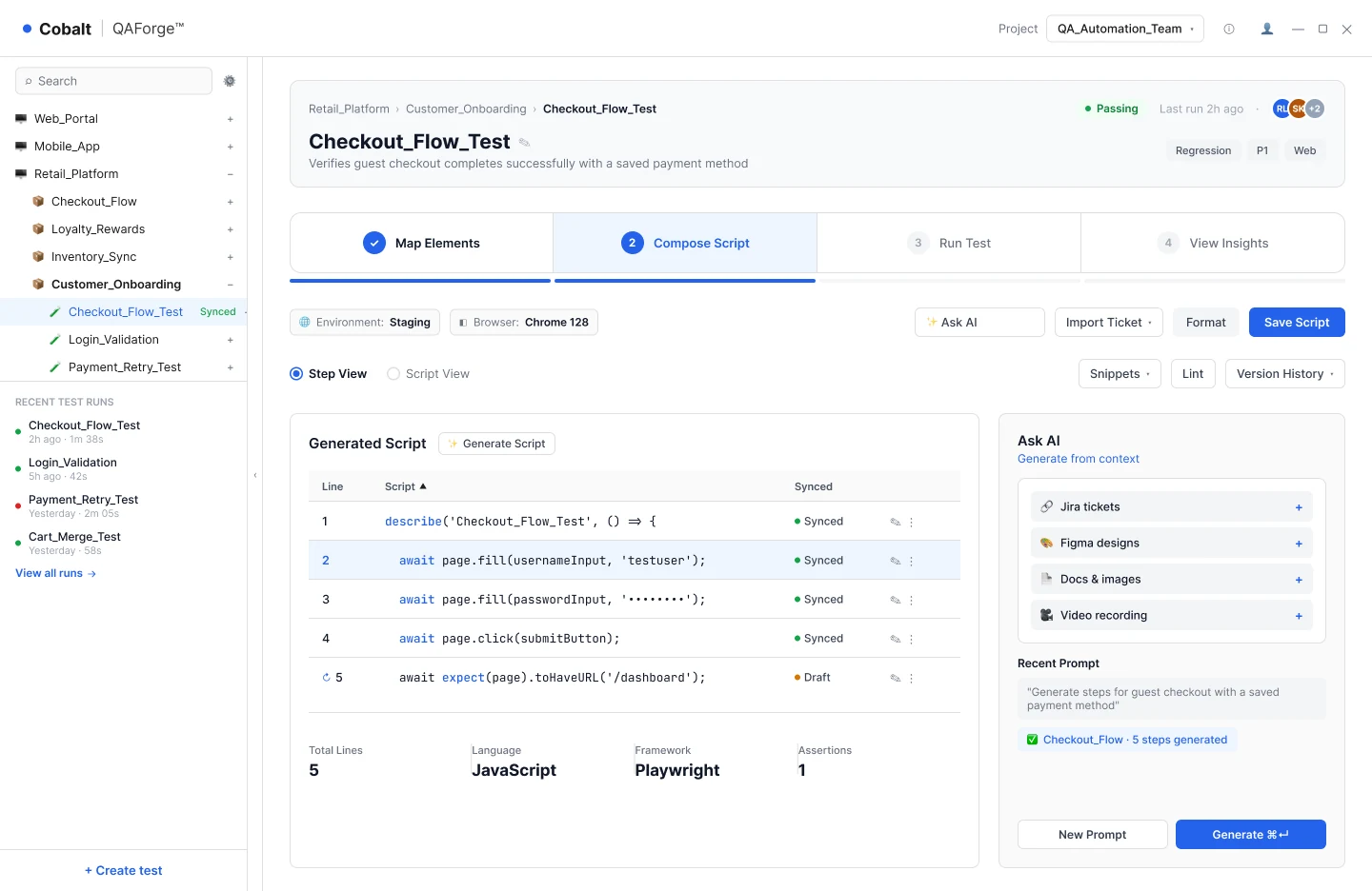 QA Forge Compose Script step: a generated Playwright script in step view, with an Ask AI panel that generates steps from context.