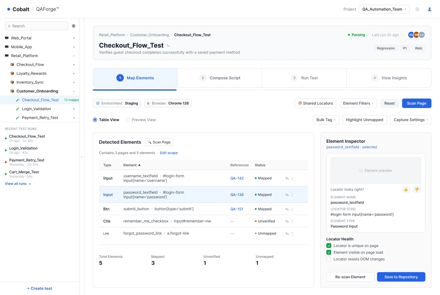 QA Forge Map Elements step: detected page elements in a table with status, and an element inspector with locator health checks.