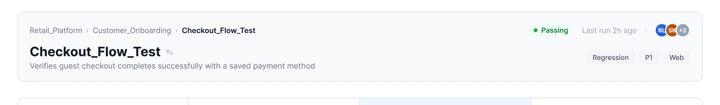The pinned header of a QA Forge run: breadcrumb, test name, Passing status, last run time and tags.