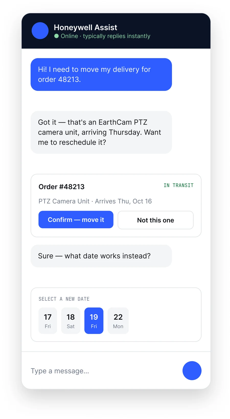 Chat widget: the assistant shows the order as a card with Confirm and Not this one buttons, then a date picker with the 19th selected.