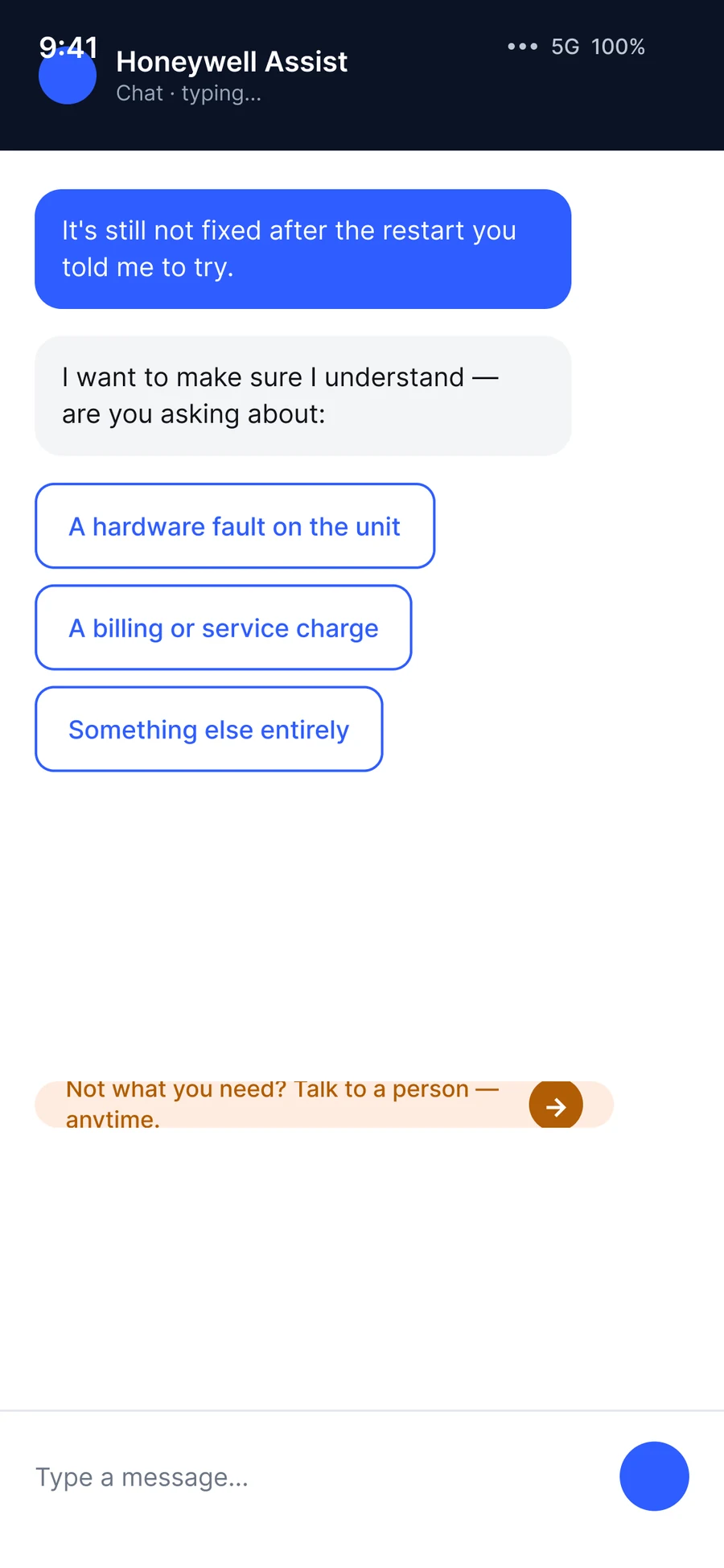 Chat fallback: the assistant says it wants to make sure it understands and offers three choices, with a Talk to a person option always visible.