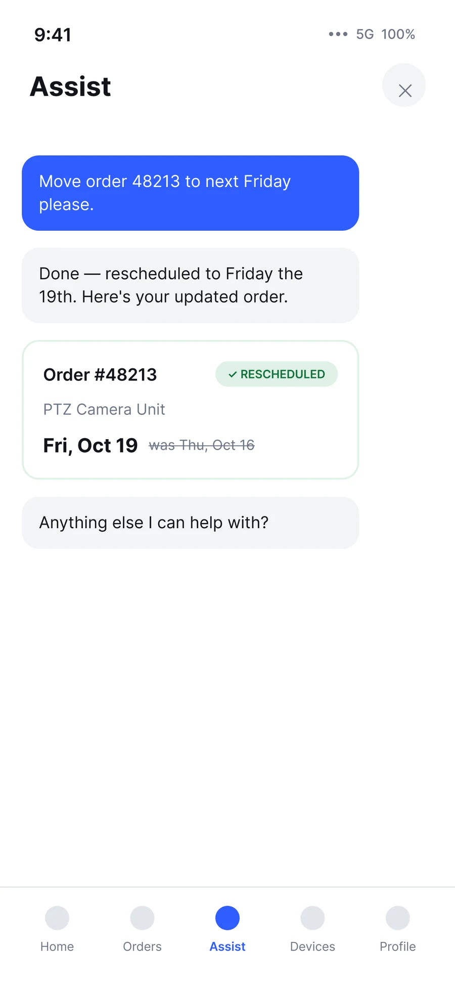 Resolved state in the app: order 48213 rescheduled to Friday the 19th, with the old date struck through.