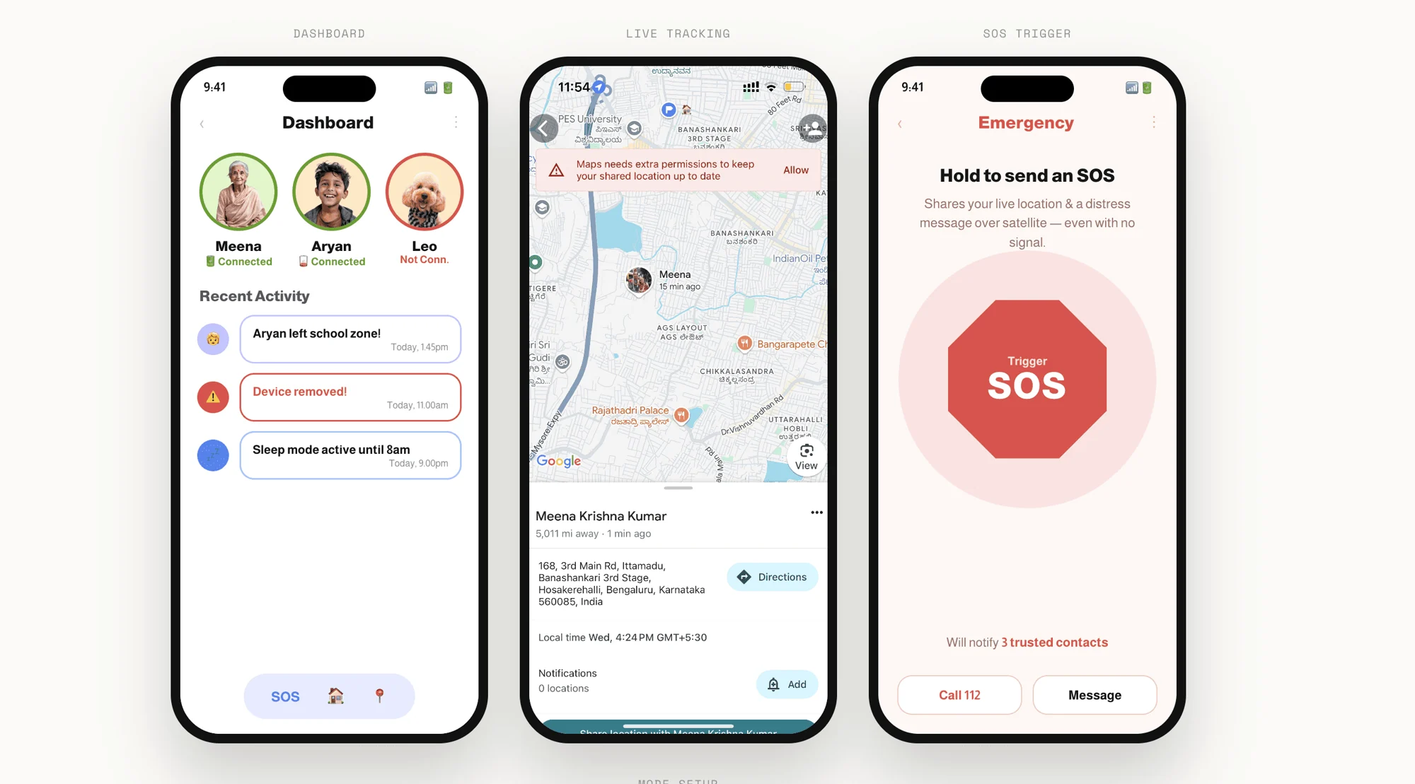 Three app screens. Dashboard: Meena and Aryan connected, Leo not connected, with recent activity such as Aryan left school zone and Device removed. Live tracking: Meena on a map with address and directions. SOS trigger: Hold to send an SOS, which shares live location and a distress message over satellite and notifies three trusted contacts.
