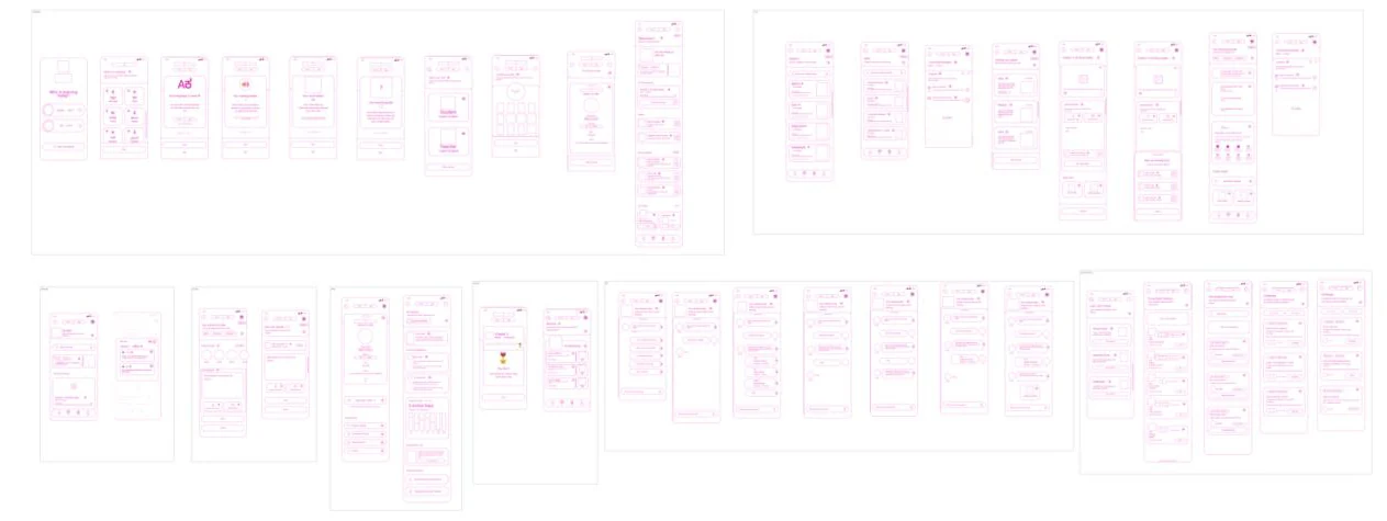Low-fidelity wireframes covering onboarding, the dashboard, lessons and peer learning.